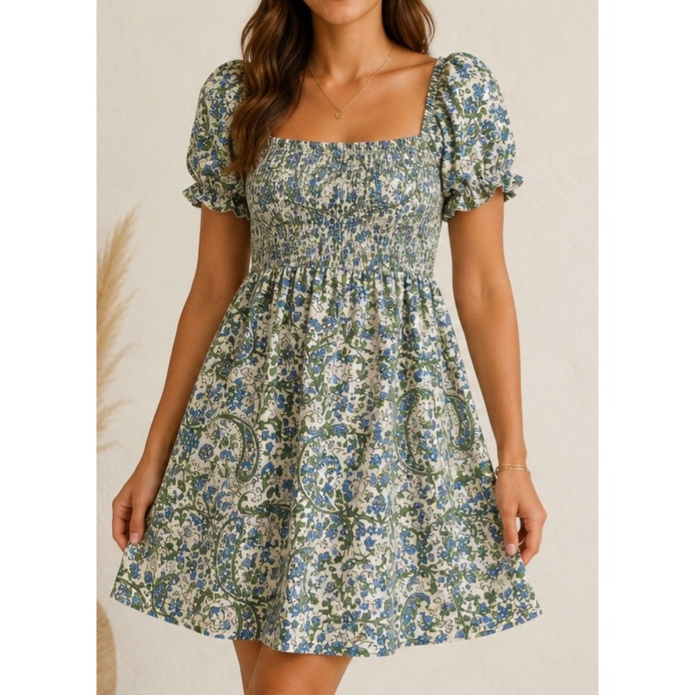 Dizzy Lizzy Blue Green Floral Smocked Puff Sleeve Mini Dress Babydoll